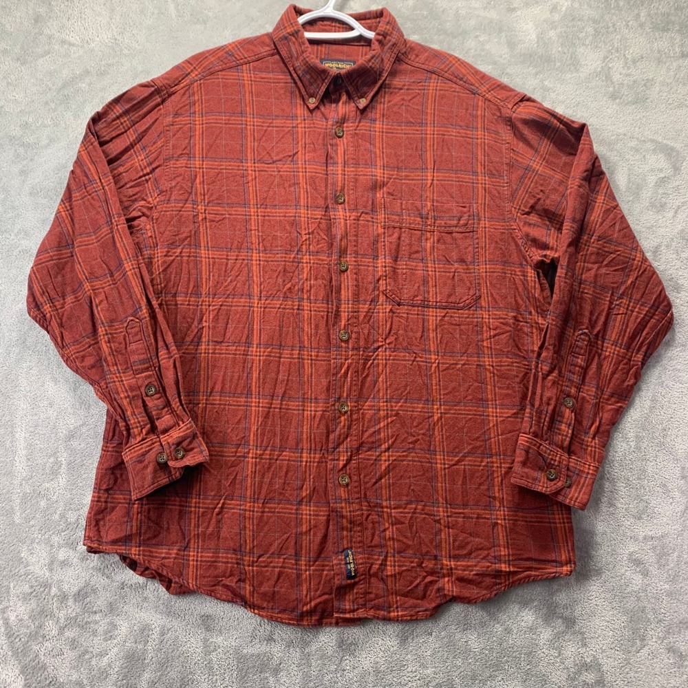 Vintage Woolrich Mens Rust Plaid Long Sleeve Button Down Shirt XL Cotton